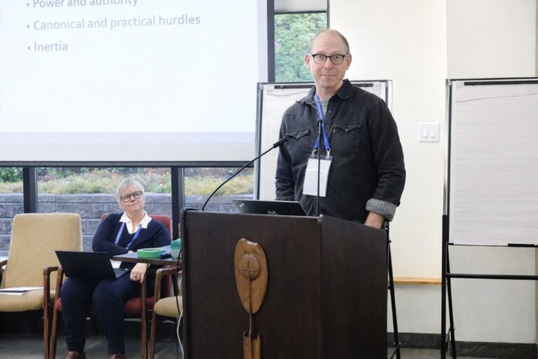 Transformation Task Force co-chair Canon (lay) Andrew Stephens-Rennie, flanked on the left by fellow co-chair Canon (lay) Janet Marshall, says the groups affected by the church’s transformation must be consulted as decisions are made. Photo: Matthew Puddister