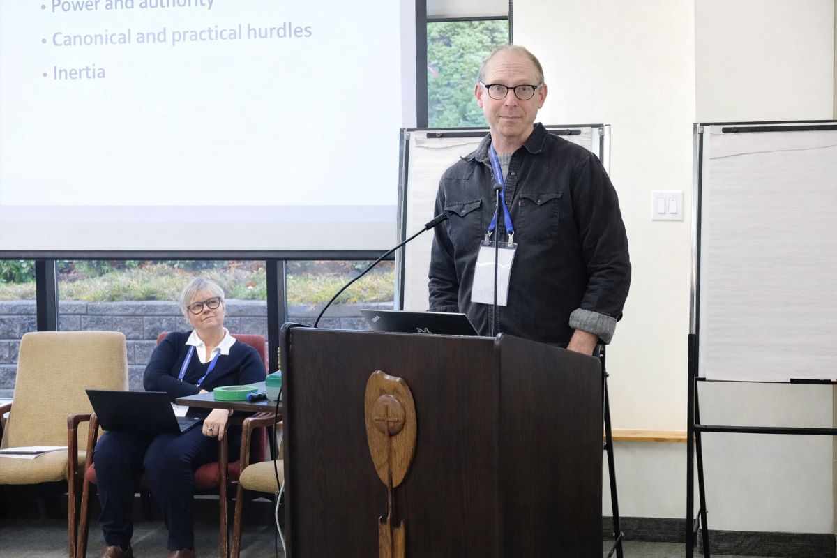 Transformation Task Force co-chair Canon (lay) Andrew Stephens-Rennie, flanked on the left by fellow co-chair Canon (lay) Janet Marshall, says the groups affected by the church’s transformation must be consulted as decisions are made. Photo: Matthew Puddister