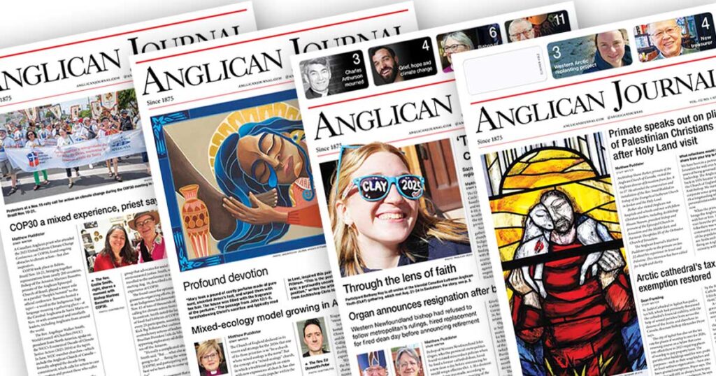 Collage of Anglican Journal newspaper front pages featuring various headlines, photos, and illustrations
